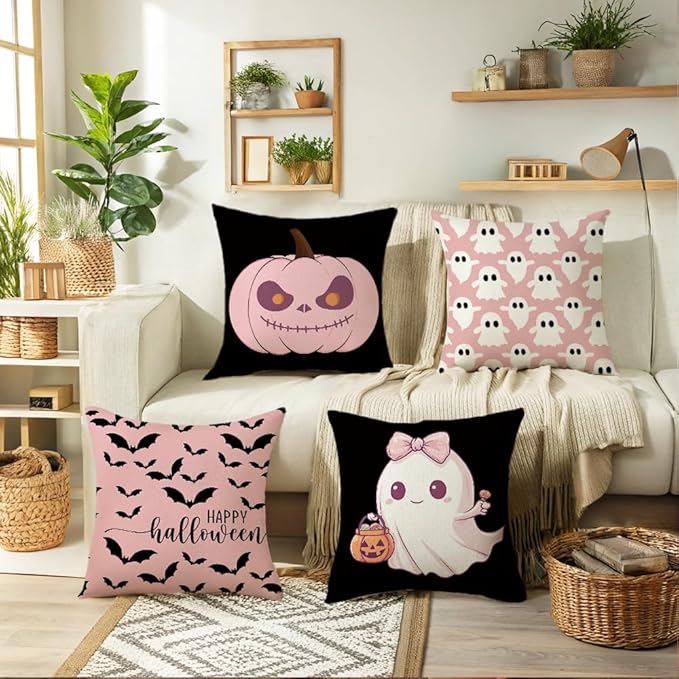 Halloween Pillow Cover 20x20 Inch Set of 4 Black White Skeleton Crow Spider Throw Pillow Covers Indoor Outdoor Farmhouse Decorative Pillow Case Halloween Home Sofa Bed Living Room Couch Decor
