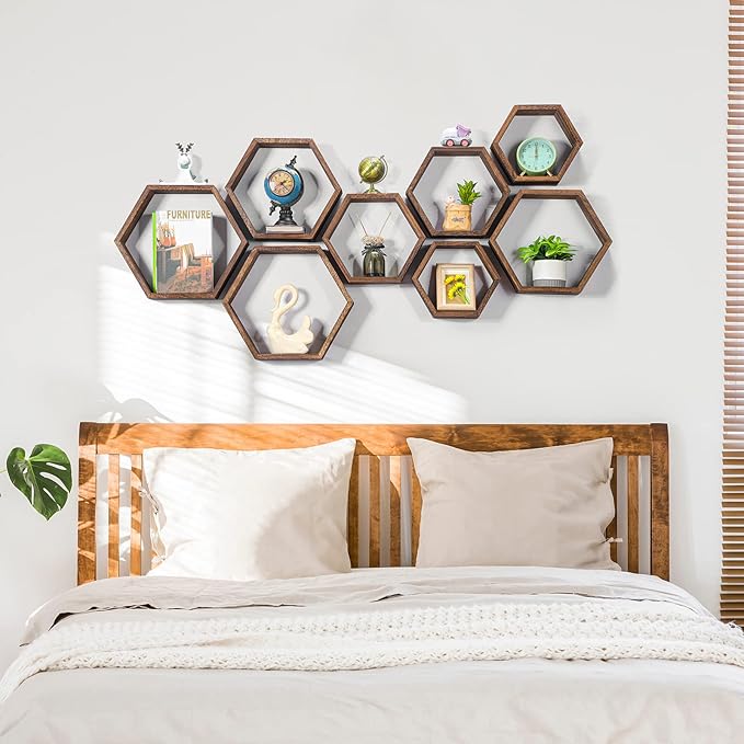 Hexagon Floating Shelves Set of 8 Wood Hexagonal Shelves Brown Wall Decor and Storage Racks for Living Room Floating Honeycomb Plants Shelf Farmhouse Wall Hexagon Hanging Shelf for Bedroom Home