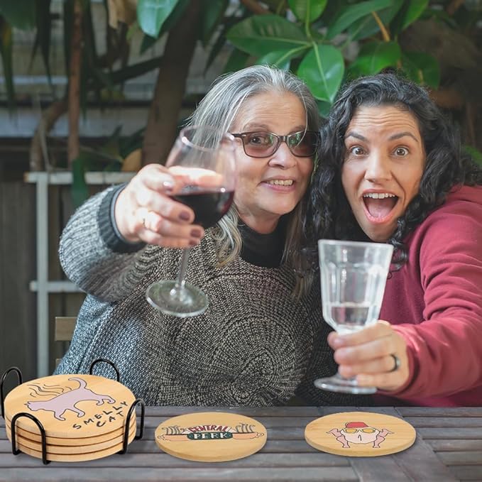 Friends TV Show Merchandise - Friends Coasters Set of 6,Friends TV Show Gifts for Women,Wooden Coasters for Drinks with Coaster Holder,Friends TV Show Decor