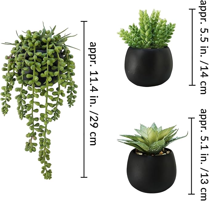 Winlyn Set of 3 Artificial Succulents Plants in Black Cement Planters Faux Potted Plants Aloe String of Pearls Donkey Tail Small House Plants 5" Tall for Table Shelf Home Office Bathroom Living Room