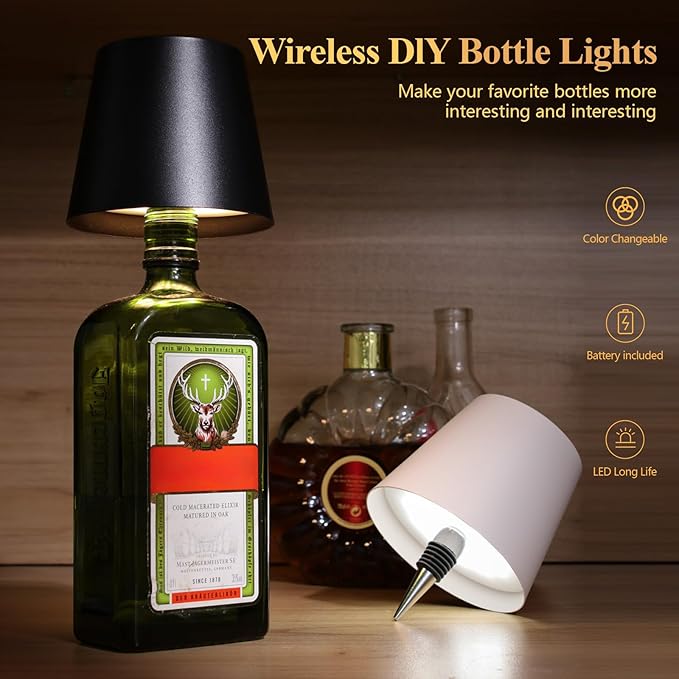 Wireless Bottle Lamp, 2025 New 3 Color Rechargeable Wine Bottle Lights, Bottle Lamp Shade with Touch Dimming for Bedroom, Bar, Restaurants and Outdoor Use (Black)