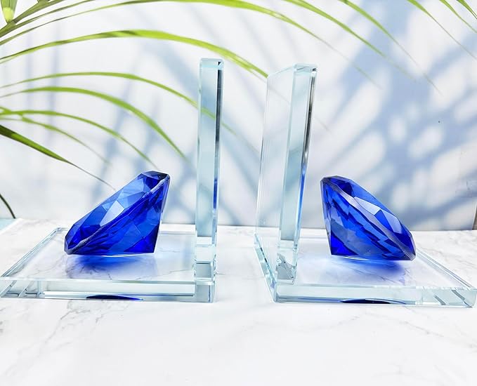Crystal Bookends Decorative Glass Book Holders Heavy Duty Book Ends with Diamond for Shelf Decor Unique Book Stopper Blue