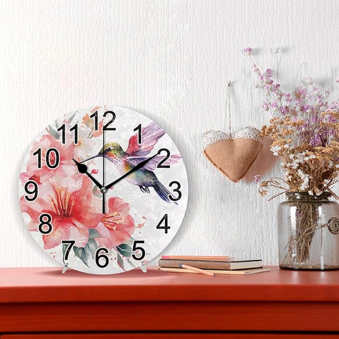Hummingbird Spring Floral Wall Clock Non Ticking Silent Kitchen Clock Large Battery Operated Clocks 10 inch for Living Room Bedroom Decor