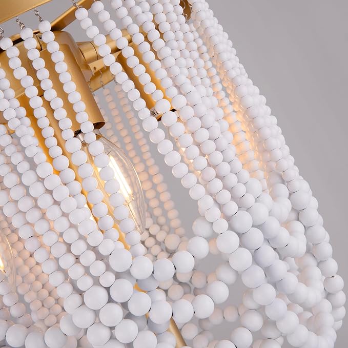 Wellmet Gold Floor Lamp With White Wood Beads for Living Room, Bedroom - Unique Round Decorative Lighting Fixture 60'' for Sofa, Bedside, Corner - DS-FL016