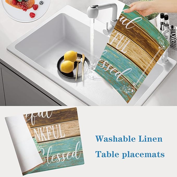 Farmhouse Table Placemats Set of 4 Place Mats Linen Wipeable Heat Resistant Placemats Washable Fabric Waterproof Rectangle Table Mat for Kitchen Dining Dinner 18 X 12 Inch, Retro