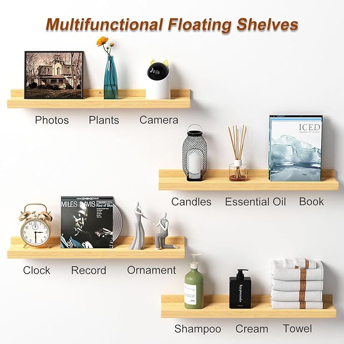Picture Ledge Shelf, 16 inch Solid Pine Wood Floating Shelves, Floating Book Shelves for Living Room Bedroom Kitchen Decor, Natural Unfinished, No Stain, DIY, Set of 4 (Maple Wood, 4Pack 16inch)