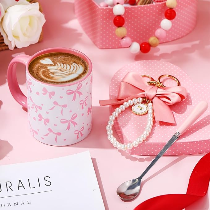 Sliner Pink Coquette Bow Coffee Mug Wedding Bridal Shower Gift Set Engagement Gift Ideas 11oz Aesthetic Ceramic Cup with Bow Keychain and Spoon Preppy Mug for Women Bride Christmas Birthday