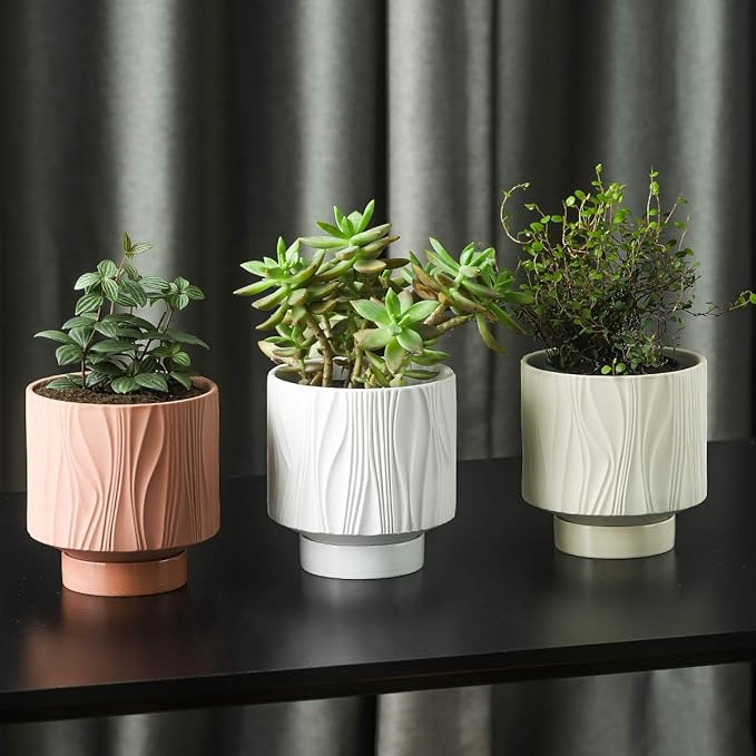 UBEE Plant Pots Indoor-5.5 inch Ceramic Flower Pot Succulent Pot with Drainage Hole and Ceramic Tray-Water Ripple for Gardening Home Desktop Office-Plants NOT Included(Ochre/Terracotta)