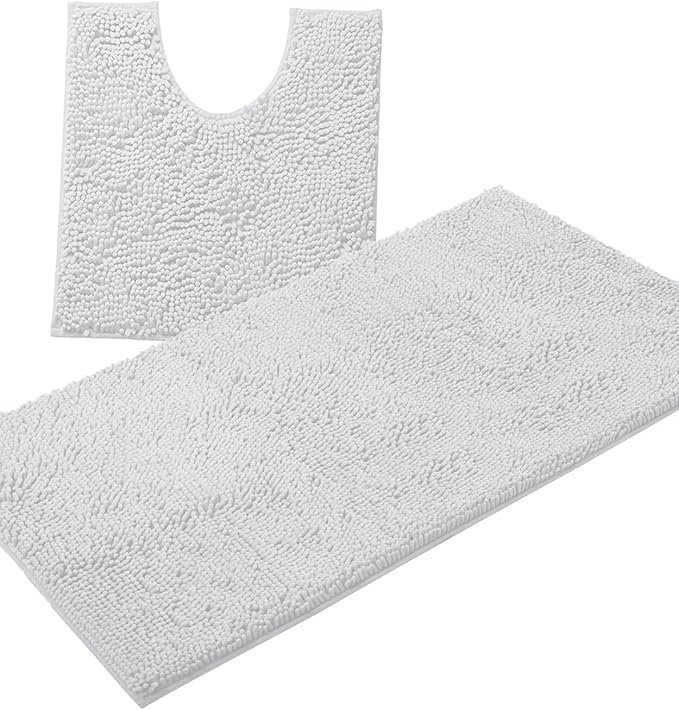 Bathroom Rugs Sets 2 Piece, Luxury Chenille Bath Mat Set, Soft Plush Anti-Slip Bath Rug + U-Shaped Toilet Mat. Microfiber Shaggy Carpet, Super Absorbent (24” x 36” & 20” x 24” U, White)