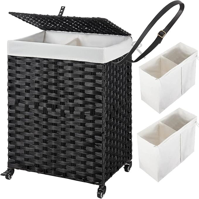 Greenstell Laundry Hamper with Wheels, No Install Needed, 90L Divided Handwoven Hampers & 2 Removable Liner Bags, Synthetic Rattan Clothes Laundry Basket with Lid & Handles, Foldable Hampers Black