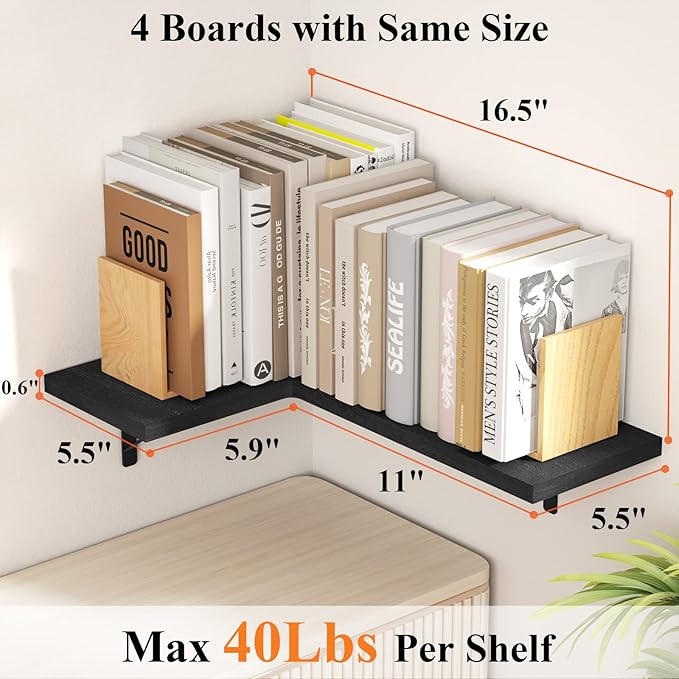 Love-KANKEI Corner Shelf Wall Mounted,Floating Wall Shelves for Storage,Rustic Wood Hanging Shelves for Display,Bathroom Kitchen Bedroom Living Room,Set of 4,Black