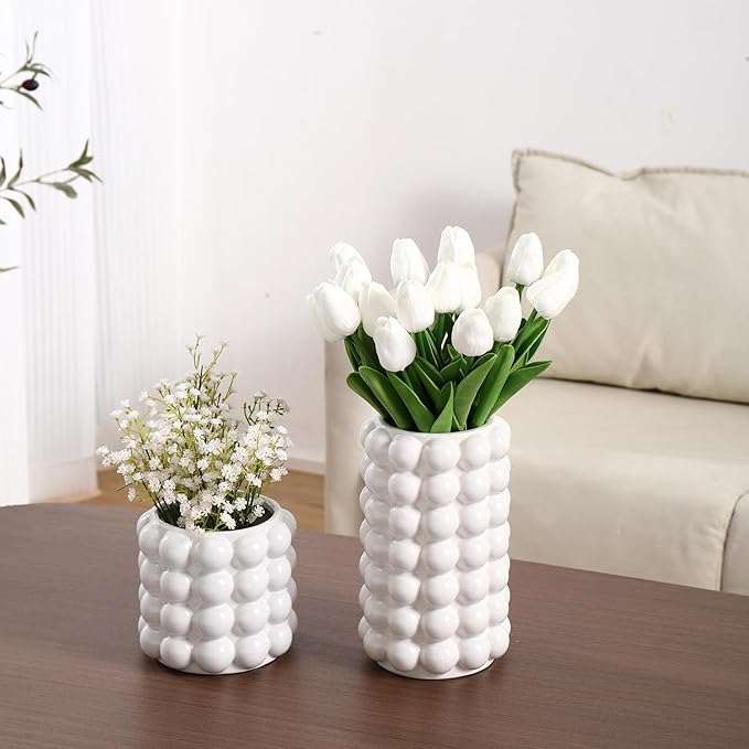 Bubble Vases, Set of 2 White Ceramic Vases, Short Vases, Ceramic Flower Vases, Unique Vases, Tall Bubble Vases for Coffe Table Decor, Decorative Vases for Living Room, Dining Table, Wedding