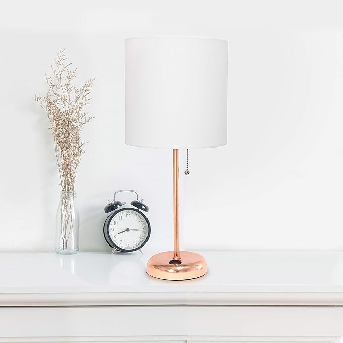 Simple Designs LT2024-RGD-2PK Two Pack Rose Gold Stick Table Desk Lamp Set with Charging Outlet and Drum Fabric Shade for Living Room, Hallway, Nightstand, Office, White Shade