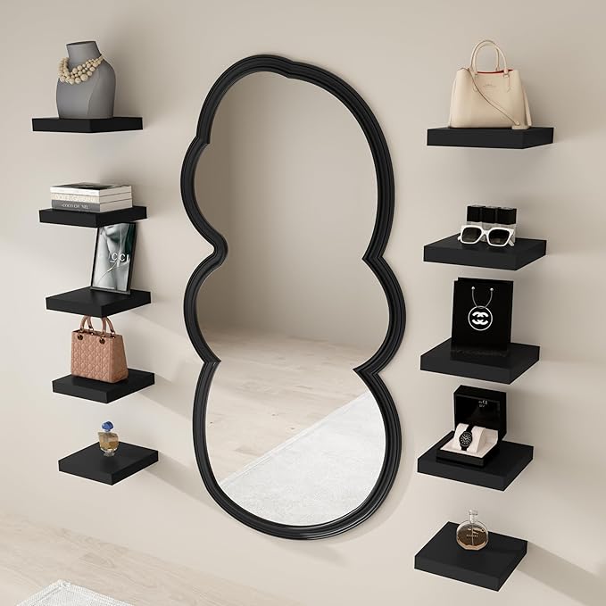 WELLAND 9 1/4 inch Black Mission Floating Shelves for Wall, Bathroom Wall Mount Shelves, Wood Modern Display Shelves, Book Shelves,for Bedroom,Living Room and Kitchen