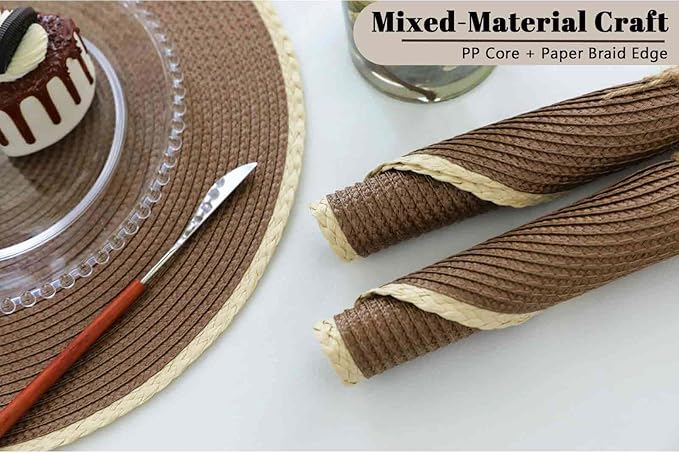 Noctiflorous Round Braided Placemats Set of 8 Table Mats 15 Inches Washable Heat Resistant for Dining Table Non-Slip Indoor Outdoor Place Mats for Easter(01 Coffee Brown 8)