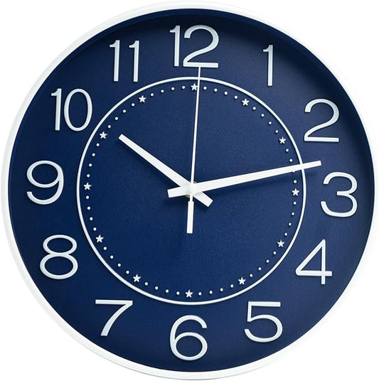 HZDHCLH 12inch Wall Clocks Battery Operated,Quartz Movement,Silent Non Ticking Modern Wall Clock for Living Room Bedroom Kitchen Office School Classroom Decor Navy Blue