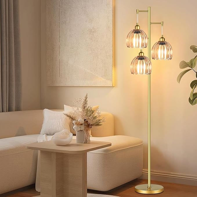 Gold Floor Lamp for Living Room Bedroom,3 Lights Mid Century Modern Floor Lamps with Flower Glass Shades,68IN Tall Standing Lamp with Bulbs,Vintage Tree Floor Lamp for Corner Office Reading