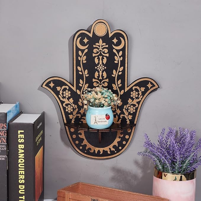 CREATCABIN Hamsa Crystal Display Shelf Wooden Moon Sun Crystal Holder Shelves Hamsa Hand Wall Decor Mounted Floating Shelf Stand Organizer for Witch Stuff Altar Spiritual Gift Black 9.8 x 11.8Inch