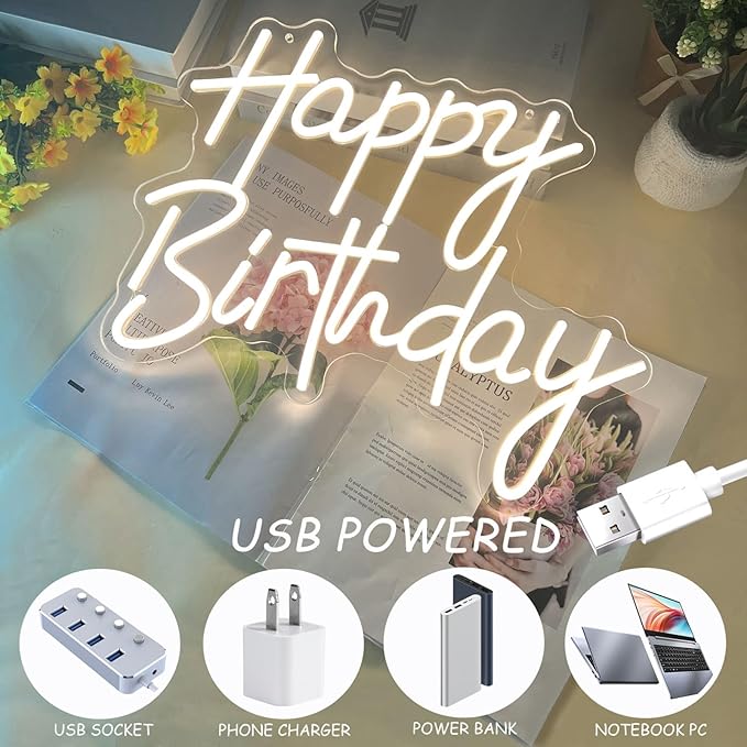 Happy Birthday Neon Sign for Wall Decor, Warm White LED Neon Light Signs, Dimmable Art Decoration Happy Birthday Neon Light Sign for All Birthday Party Decoration 15.7×13 Inch