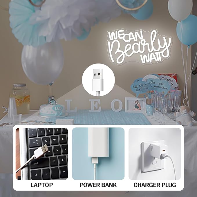 We Can Bearly Wait Neon Sign Dimmable Baby Shower Led Neon Light for Wall Decor, We Can Barely Wait Decorations Backdrop for Boys Girls Birthday Party