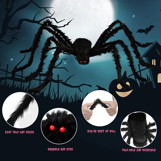 Halloween Spider Web and Giant Spiders Decorations Set Triangle Spider Web & Realistic Scary Fake Large Hairy Black Spider Props for Indoor/Outdoor Porch & Yard Parties Haunted House Halloween Décor