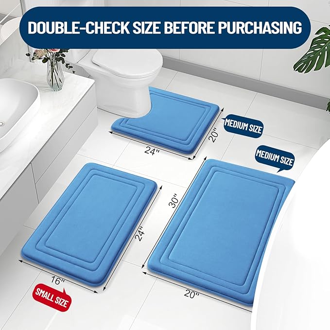 Grandaily Memory Foam Bath Mat Rug 30x20, Ultra Soft, Non-Slip and Absorbent Bathroom Rugs, Machine Wash Dry, Comfortable Bath Carpet for Bathroom Floor, Tub and Shower, Blue