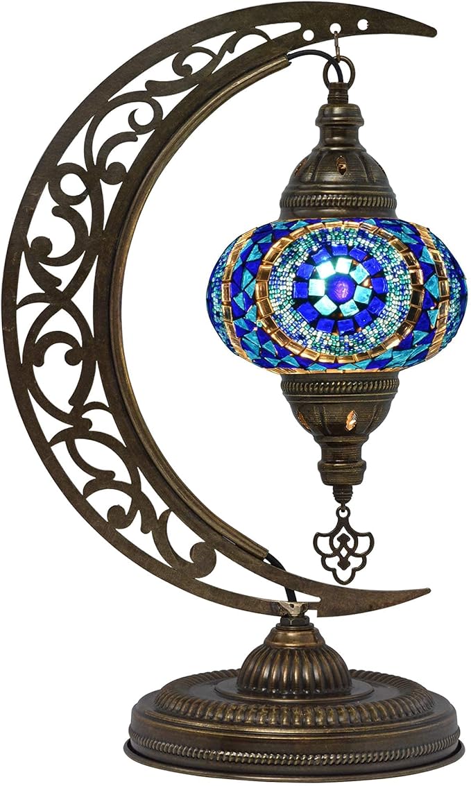mozaist Unique Moon Shaped Mosaic Table Lamp - Moroccan Handmade Tiffany Stained Glass with US Plug and E12 Socket