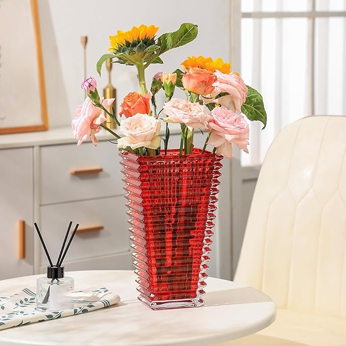 MCMCNCUIU Crystal Vase, Large Crystal Vases for Flowers, Large Flower Vase, Modern Red Vases for Living Room, Bedroom, Kitchen, Dining Table, Mantle, Wedding, 11 Inches