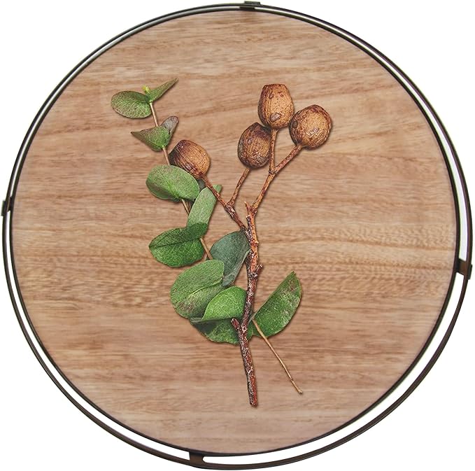 Defined Deco 12in Decorative Tray-Round Serving Tray with Metal Handle-Decorative Trays for Home Decor,Living Room Decor,Coffee Table Decor,Rustic Wooden Tray for Kitchen Table Decor,Dining Table.