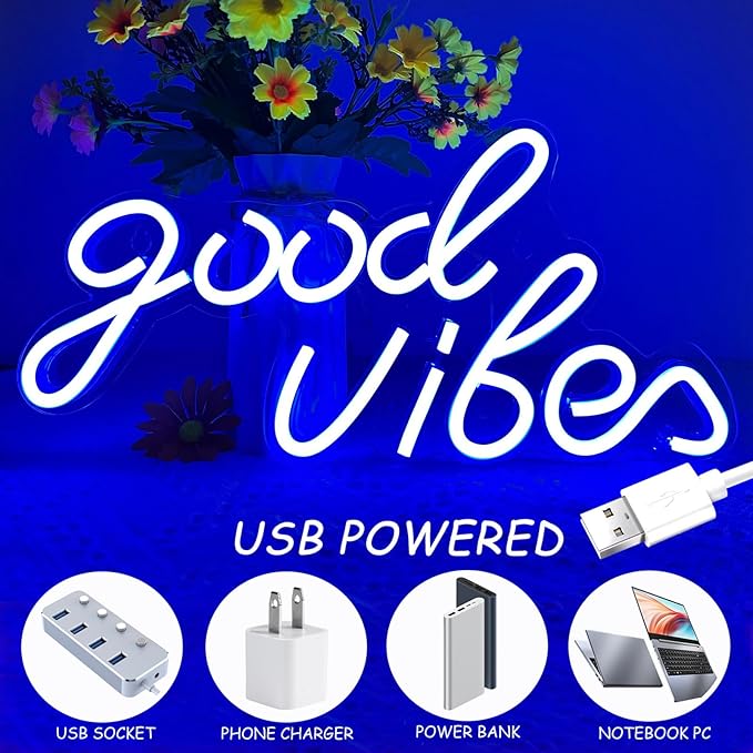 Good Vibes Neon Sign, LED Neon Signs for Wall Decor, Blue Neon Lights for Bedroom & Party Art Decor, USB Powered Bright Neon Light for Lover, Friends