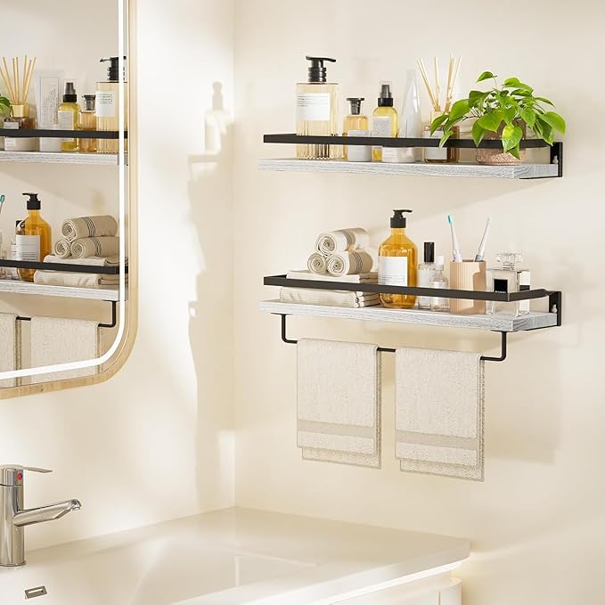 AMADA HOMEFURNISHING Wall Shelves, Floating Shelves for Bathroom, Kitchen, Bedroom, Bathroom Shelf with Towel Bar, Set of 2, White - AMFS01W