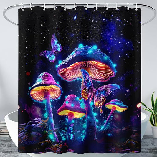 AILONEN Magic Mushroom Shower Curtain for Kids Girls,Glowing Mushrooms and Starry Night Waterproof Fabric Shower Curtain for Bathroom,Butterfly Plants Shower Curtain Set with Hooks,72" W*78" H
