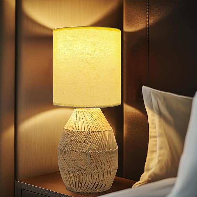 Nightstand Boho Rattan Table Lamp - 3 Color Temperature Handmade Bamboo Woven Lamp for Bedside Living Room (Striped, 1 Pack)