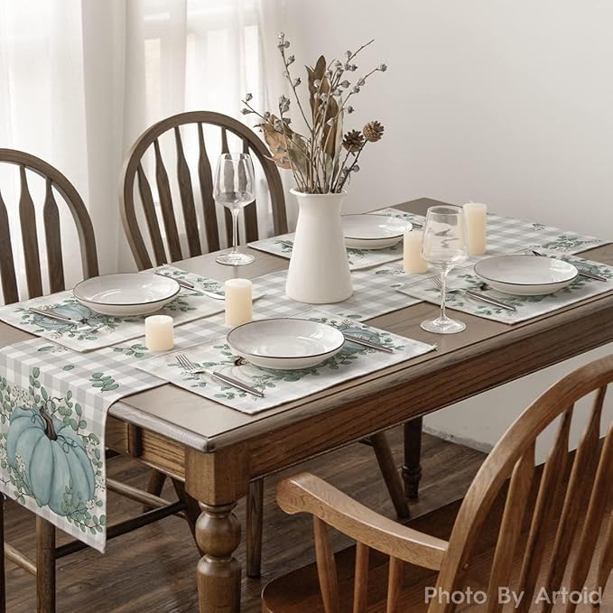 Artoid Mode Buffalo Plaid Eucalyptus Pumpkins Leaves Fall Placemats Set of 12,12x18 Inch Autumn Table Mats for Party Kitchen Dining Decoration