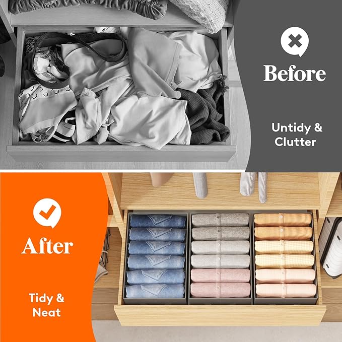 Lifewit Wardrobe Clothes Organizer 3 Pack, Large Size 6 Grids Closet Jean Storage Bins with Handles and Support Boards, Foldable Drawer Dividers for Sweater, Pants, T-shirt, Hoodie, Dress, Grey