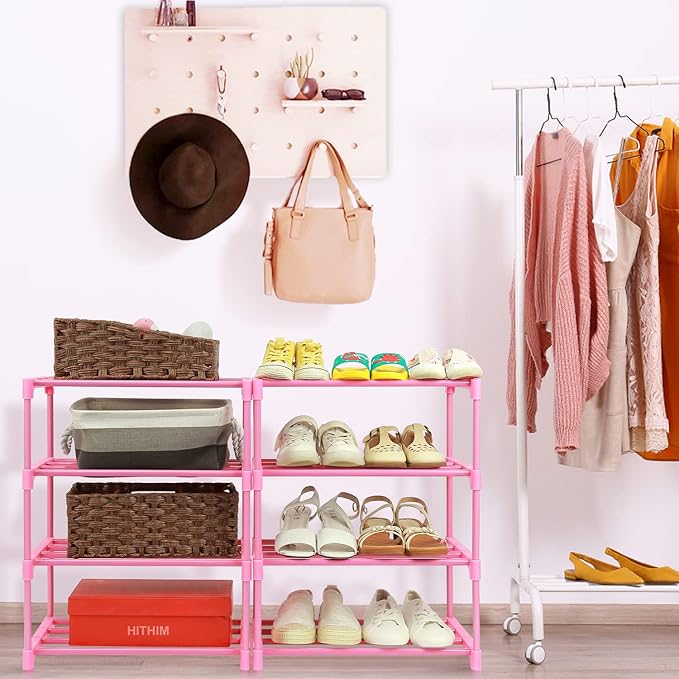 4-Tier Free Standing Shoe Racks for 6-8 Pairs Shoe Storage,Kids Shoe Racks for Small Place,Lightweight Stackable Shoe Shelf Organizer for Entryway, Doorway and Closet,Pink