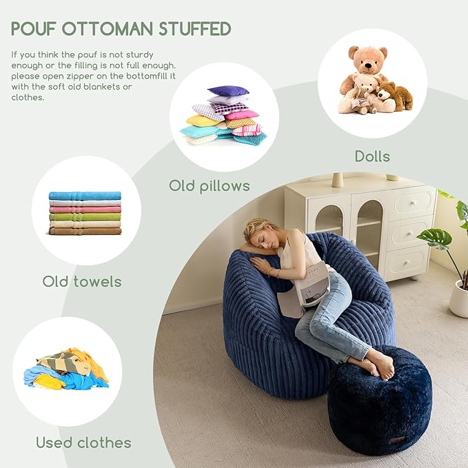 HIGOGOGO Pouf Stuffed Ottoman Round Modern Foam Filled Foot Rest Chair Decorative Poufs 20 x 15 Inches Fluffy Boho Comfy Stool for Living Room, Navy Blue