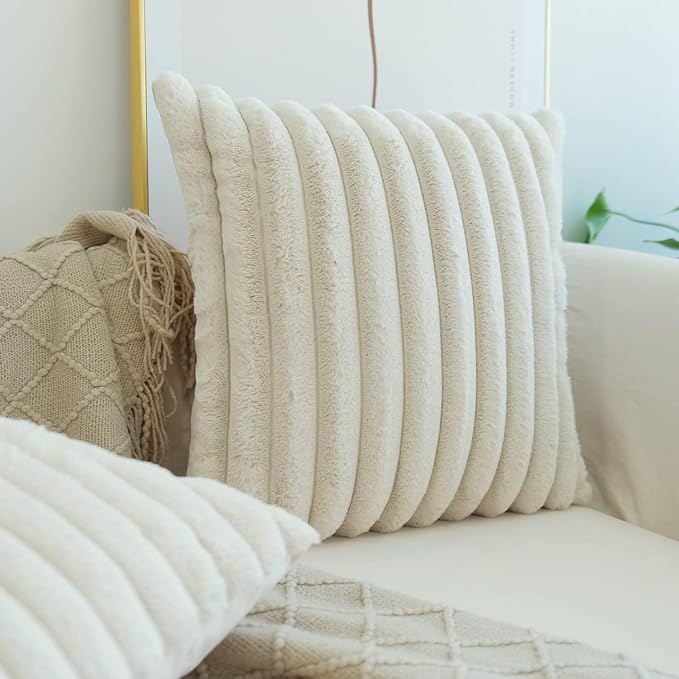 JOJUSIS Pack of 2 Faux Fur Plush Decorative Throw Pillow Covers Couch Cushion Case Soft Pillowcases (Beige, 24 x 24-Inch)