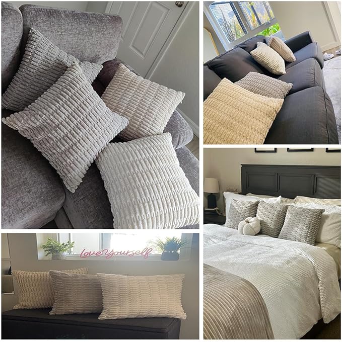 Fancy Homi 4 Packs Neutral Small Decorative Throw Pillow Covers 14x14 Inch for Living Room Couch Bed Sofa, Rustic Farmhouse Boho Home Decor, Soft Plush Striped Corduroy Square Cushion Case 35x35 cm