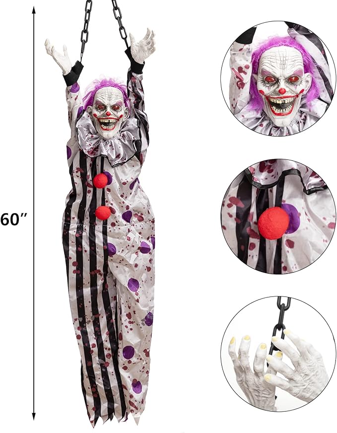 HollyHOME Halloween Animated Hanging Clown with Glowing Eyes Creepy Sound and Shaking Body Halloween Decorations Outdoor Scary Haunted House Outdoor Prop Decor 60’’