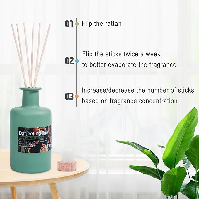 Reed Diffuser Set, 6.8fl oz/200ml Darjeeling Tea & Bergamot Aroma Scented Oil Diffuser with 8Pcs Sticks, Large Capacity Home Fragrance for Large Room Shelf Bathroom Decor