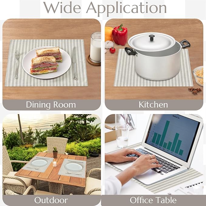 JINCHAN Linen Striped Placemats Set of 4 Gray Farmhouse Cloth Place Mats Sturdy Table Mats Soft Washable Placemats for Kitchen Dining Table Double Layer Heat Resistant Tablemats 13x19 Inch Grey
