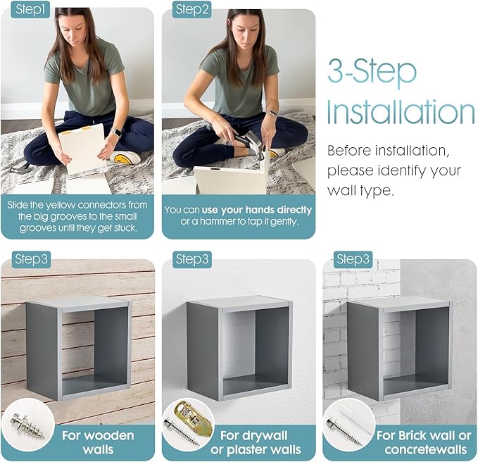 Kaboon Cube Floating Shelves Set2, Display Shelves Wall Mount 7.75" D x 12.5" W x 12.5" H, (Gray, Square 2 Cubes)