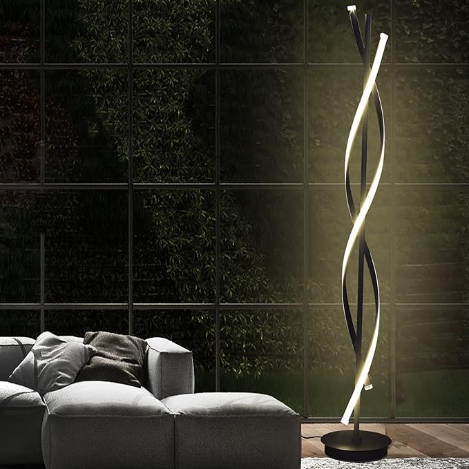 61" LED Floor Lamp for Living Room, 40W 3 Colors Stepless Dimmable and Color-Changing Bright Floor Standing Lamp,Unique Spiral Floor Tall Lamp for Bedroom Office with Remote (Black)
