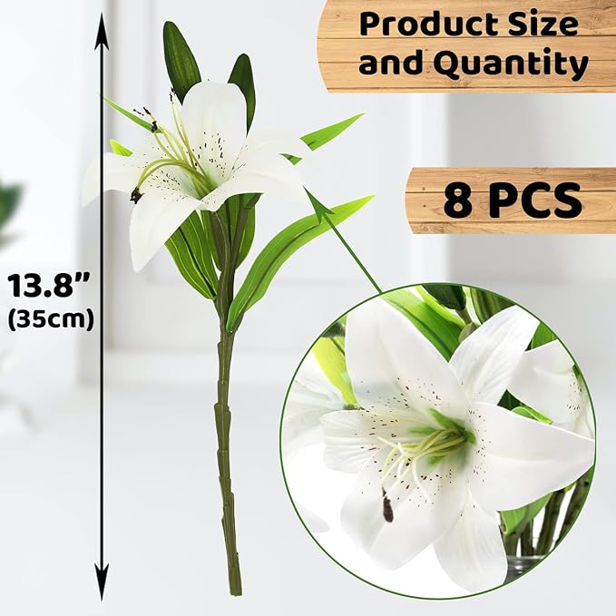 Hananona 8 Pcs Artificial Tiger Lily Real Touch Easter Lily Fake Spring Flowers for Wedding Home Party Easter Decoration Plastic Cemetery Faux Flowers (White, 8)