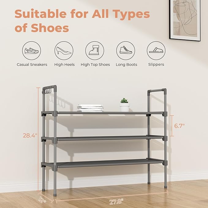 3 Tier Shoe Rack for Closet, Shoe Organizer with 5 Hooks, Long Shoe Shelf Storage for Shoe and Boot Stackable Free Standing Shoe Rack for Entryway, Garage, Small Spaces, Dorm, Grey
