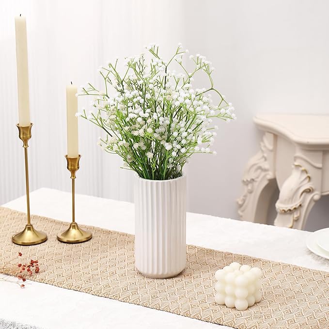 White Ceramic Vase for Flowers, Modern White Vase for Home Decor, Tall Ribbed Vase for Living Room, Office, Mantel, Bookshelf, Dining Table, 8 inches