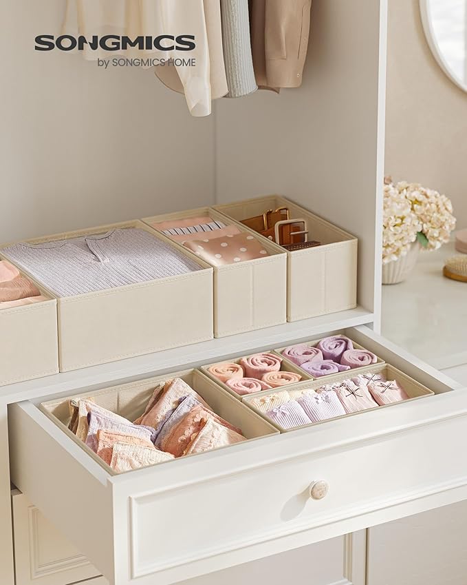 SONGMICS Drawer Organizer, Dresser Drawer Organizers, Set of 12, Foldable Fabric Storage Bins for Socks, Underwear, Bras, Ties, Scarves, Sand Beige URDZ006Y02