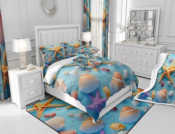 Feelyou Starfish Fabric Shower Curtain Seashell Shower Curtain for Teens Blue Ocean Bathroom Waterproof Accessories with 12 Hooks Summer Curtains,72x78 Inches
