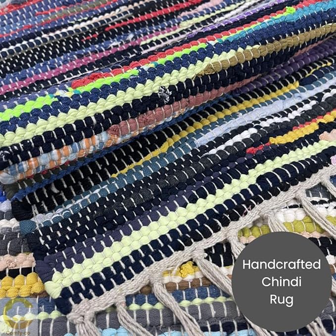 Cotton Chindi Rug with Fringes - Handcrafted Area Rag - Reversible Floor Rug for Bedroom, Living Room, Kitchen, Dorm, Entryway, Hallway - 2x3 ft (24x36 inch) Multi Colored